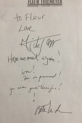 Bette Midler and Mick Jagger’s autographs for Fleur, January 1984.