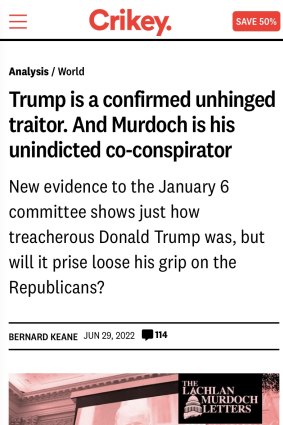 The June 29 article, republished on August 15, that is at the centre of Lachlan Murdoch’s Federal Court defamation suit against Crikey.