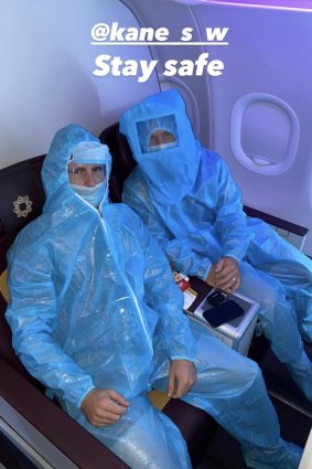 Cricketers David Warner and Kane Williamson on a flight to an Indian Premier League match in India.