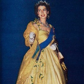 Queen Elizabeth II in Sydney wearing her wattle gown in 1954.