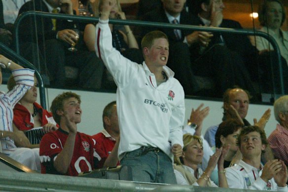 Prince Harry cheering on England in their clash with Wales in Brisbane at the 2003 World Cup.