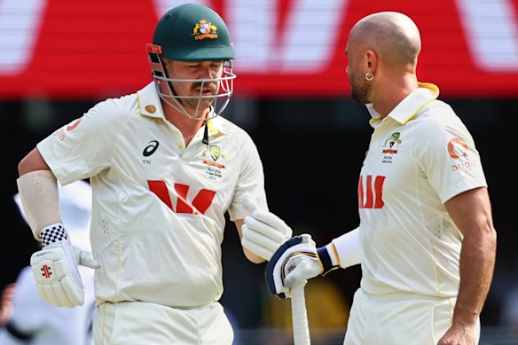 Travis Head (left) and Jake Weatherald during the second Test in Brisbane.