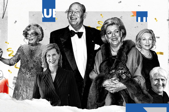 Kerry Packer and guests who attended the 70th birthday party of his beloved Australian Women’s Weekly, from left: Dame Edna Everage, Deborah Thomas, Ros Packer, Ita Buttrose and 
Dawn Fraser.