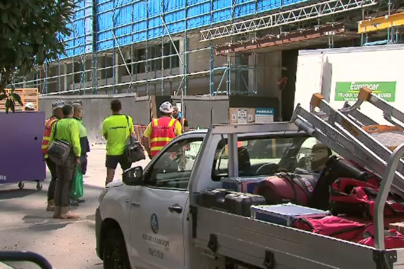 Workers at a Probuild worksite in Caulfield on Wednesday.