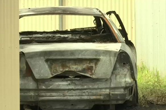 The burnt out shell of a car believed to belong to a Mount Gambier woman who tested positive to COVID-19 after returning from Victoria.