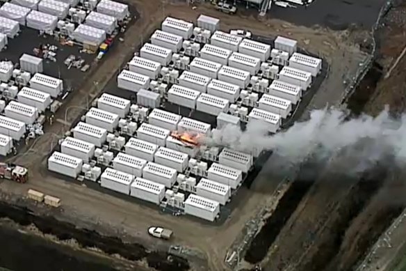 Smoke billows from a fire at Victoria’s new Tesla Big Battery on Friday.