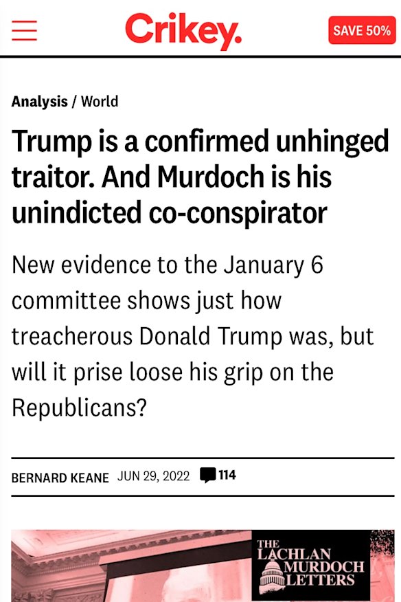 The June 29 article, republished on August 15, that is at the centre of Lachlan Murdoch’s Federal Court defamation suit against Crikey.