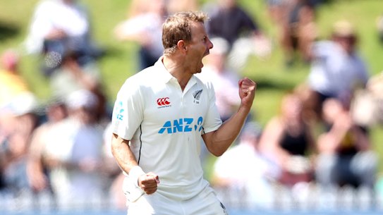 Neil Wagner of New Zealand celebrates his wicket of Joe Root during day five of the second Test match between New Zealand and England at Basin Reserve.
