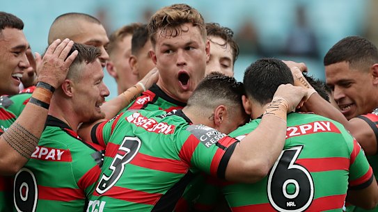 The Rabbitohs celebrating a try earlier in the year.
