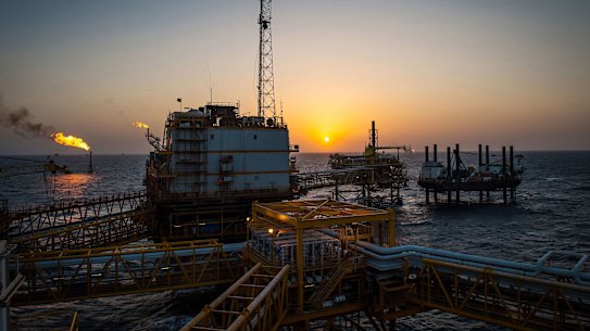 An offshore oil platform in the Persian Gulf’s Salman Oil Field, operated by the National Iranian Offshore Oil Co. Iran is a major oil producer and reportedly backs the Hamas terrorist group that launched last weekend’s offensive on Israel.