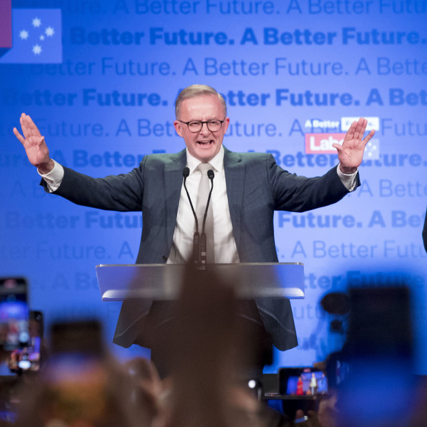 Anthony Albanese celebrates on election night in May.