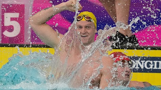 Williamson celebrates his first-place swim.