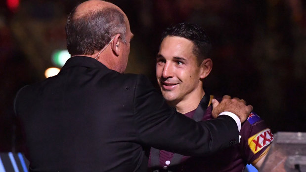 The King and I: Billy Slater is presented with the player of the series medal by Wally Lewis.