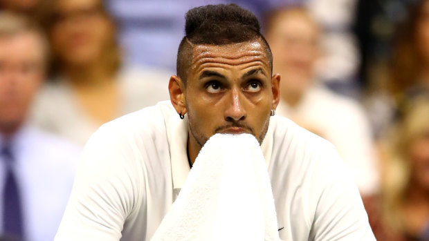 Sent packing: Nick Kyrgios watches the game slip away against Andrey Rublev.