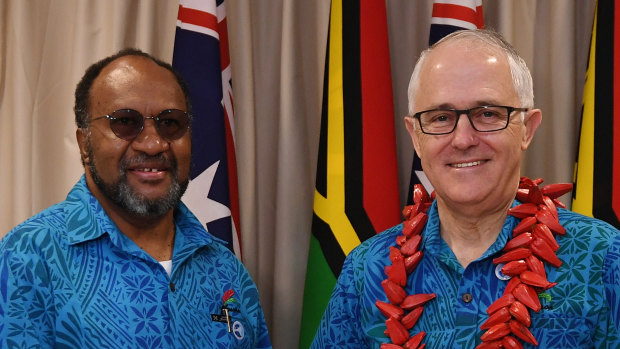 Then Prime Minister Malcolm Turnbull with Prime Minister of Vanuatu Charlot Salawi during the Pacific Islands Forum last year.