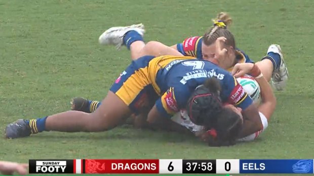 The alleged bite by Dragons winger Bartlett Madison on Parramatta’s Sereana Naitokatoka.