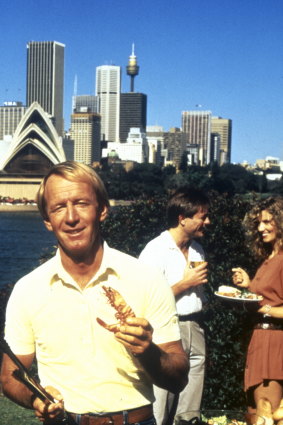 Paul Hogan in the original "shrimp on the barbie" commercial for the Australian Tourist Commission.