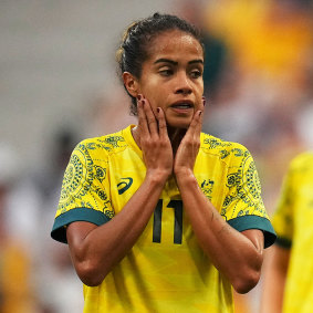 Fowler reacts during a women’s Group B soccer match between Australia and the United States, at the Olympics.