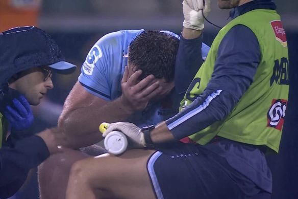 Waratahs prop Angus Bell after picking up a foot injury against the Brumbies in Canberra on Saturday evening. 