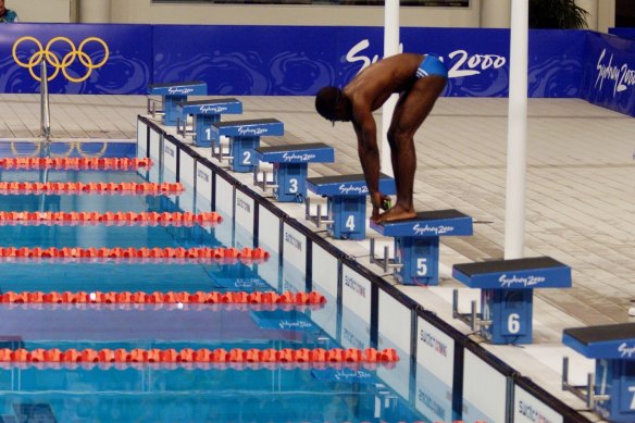Eric Moussambani at the starting block after other swimmers in his heat were disqualified.