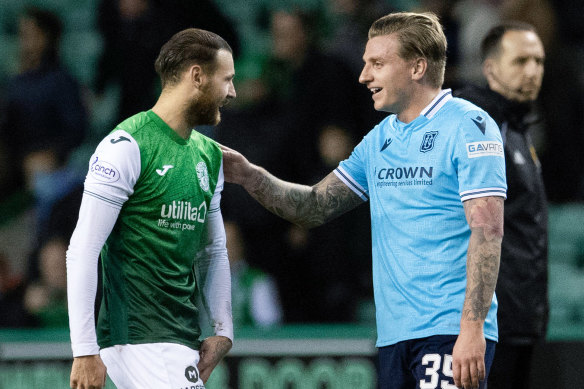 Jason Cummings, during his time with Dundee, speaks to former Hibs teammate-turned-Socceroo Martin Boyle.