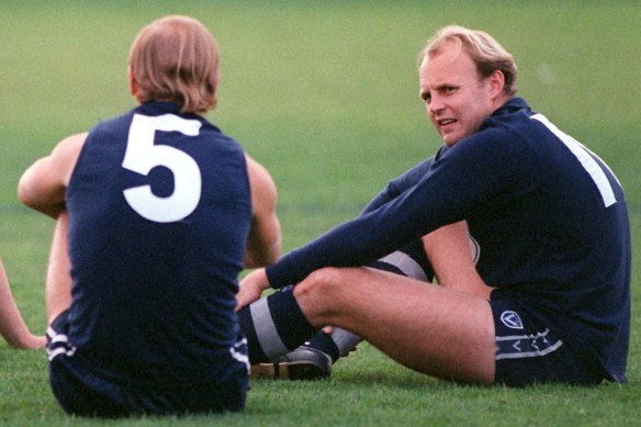 Glory days: Gary Ablett Sr. (left) and Billy Brownless (right) as Cats in 1995. 