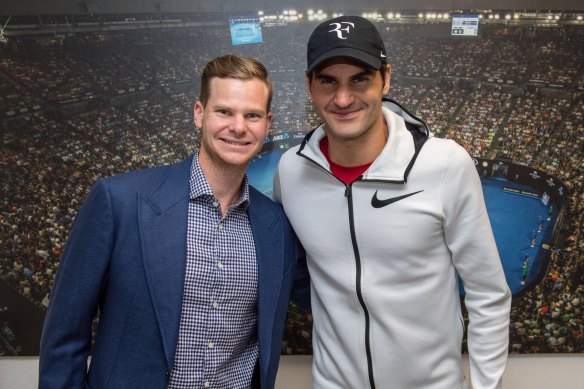 Steve Smith with Roger Federer at the Australian Open 2018.