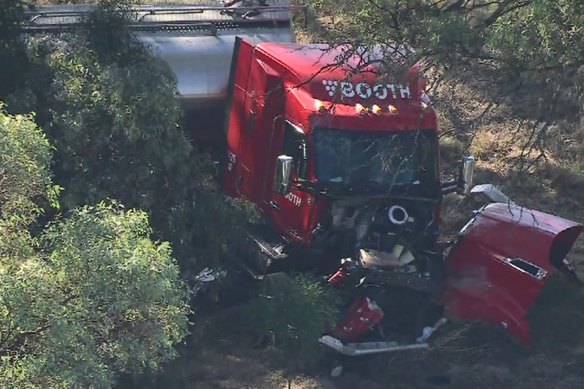 The damaged truck at the crash site on Friday.
