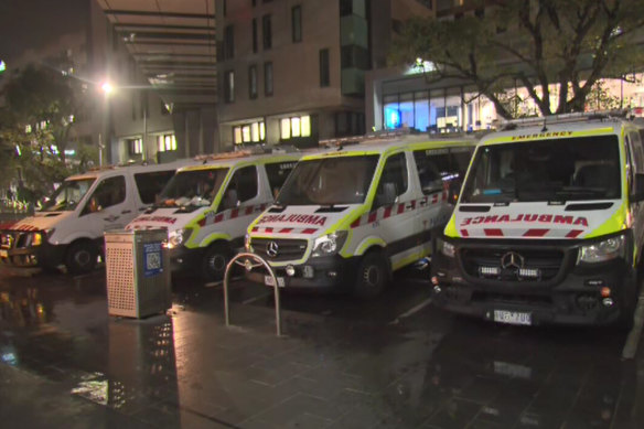 Ambulances “ramped” outside Royal Melbourne Hospital in May.