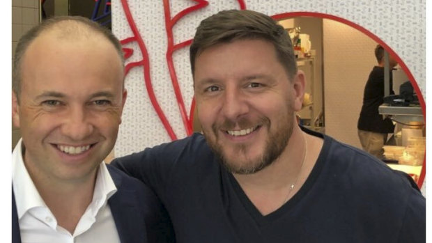 NSW MP Matt Kean, left, pictured with celebrity chef Manu Feildel, appears on the dating app Bumble.