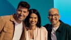 Canva World Tour 2025 new product launch event in Sydney, October 30, 2025. From left Cliff Obrecht, Melanie Perkins, Cameron Adams. Image supplied. Photographer: Tammie Joske