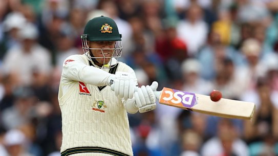 David Warner in action on day four of the fifth Test. 