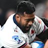 CHRISTCHURCH, NEW ZEALAND - APRIL 24: Folau Faingaa of the Waratahs is tackled during the round 11 Super Rugby match between Crusaders and NSW Waratahs at One NZ Stadium, on April 24, 2026, in Christchurch, New Zealand. (Photo by Joe Allison/Getty Images)