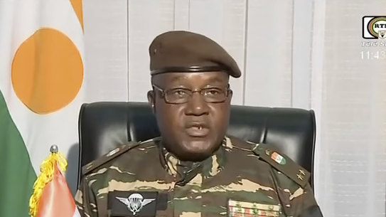 General Abdourahmane Tchiani makes a statement on TV declaring he is now the head of state following the coup.