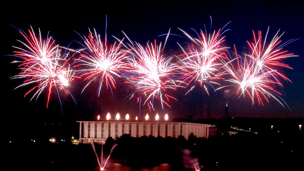 Australia Day fireworks over the National Library of Australia.