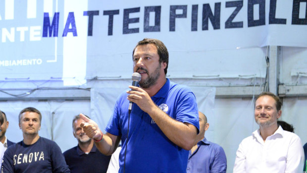 Italian Deputy Premier and Interior Minister, Matteo Salvini, speaks at a Lega party's meeting in Pinzolo, Italy, on Saturday.