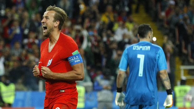 Harry Kane celebrates one of his World Cup goals, against Columbia.