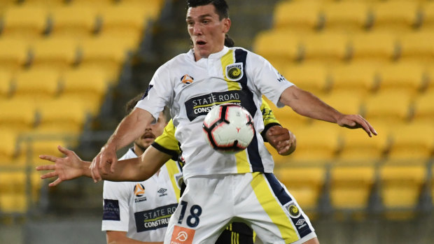 Matthew Millar of the Mariners in action against the Phoenix at Westpac Stadium in Wellington on Saturday night.