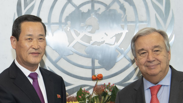 Kim Song, the Permanent Representative of the Democratic People's Republic of Korea, left, shakes hands with United Nations Secretary General António Guterres in 2018.