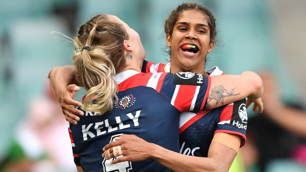 Speed blitz: Taleena Simon celebrates one of her four tries against the Red V.