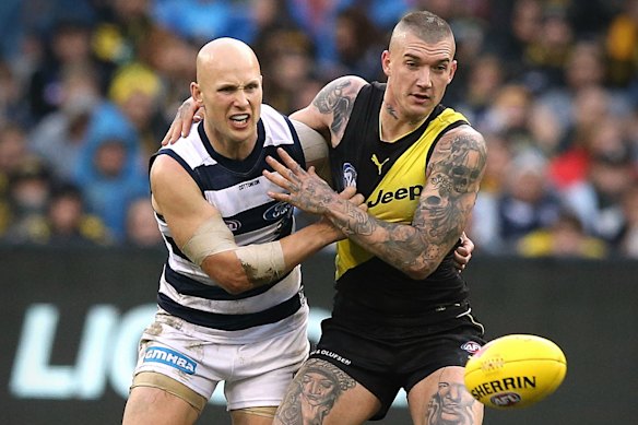 Gary Ablett jnr and Richmond great Dustin Martin going head-to-head in 2018, Ablett’s first season back at Geelong after his return from Gold Coast.