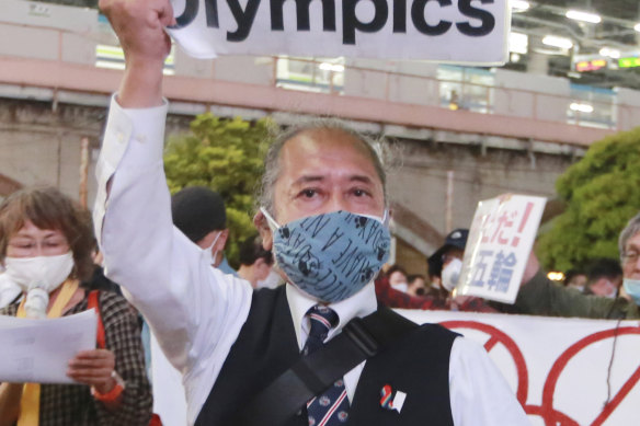 Demonstrators in Tokyo protest against the Games being held in Japan.