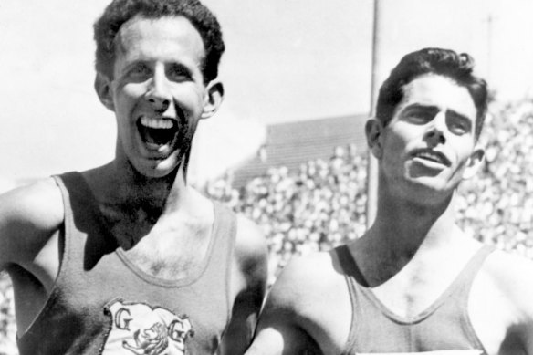John Landy, left, seems happier about losing than Jim Bailey, right, does about winning the special mile race in the Coliseum.