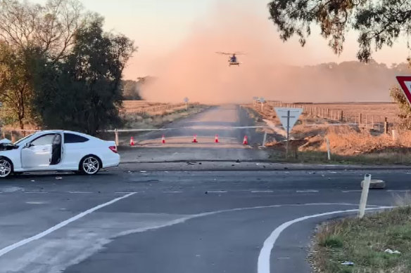 An air ambulance at the scene of the crash on Thursday evening.