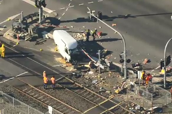 The scene of the crash between a Melbourne-bound V/Line train and a delivery van in Yarragon on Tuesday.