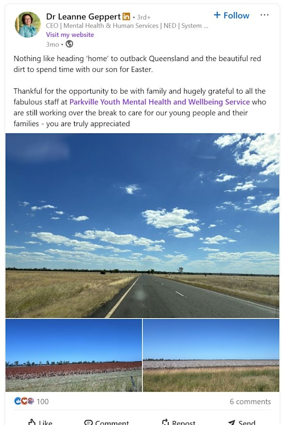 Queensland-based Parkville Youth Mental Health and Wellbeing Service CEO Dr Leanne Geppert’s LinkedIn post from Easter 2026.