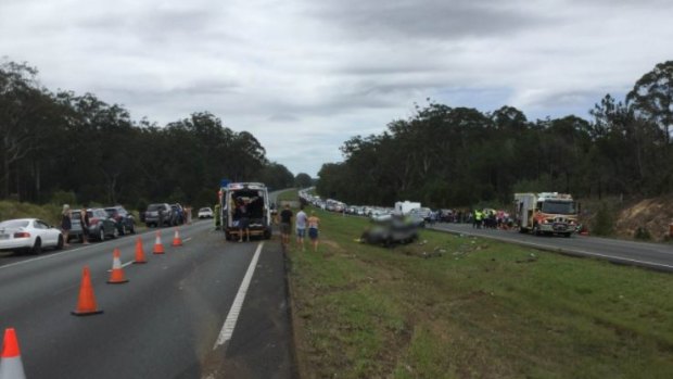 The crash scene on the Bruce Highway at Elimbah.