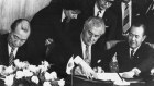 Prime ministers Gough Whitlam and Kakuei Tanaka of Japan sign a trade agreement in Canberra in November 1974.