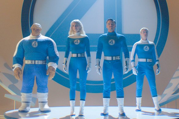 The Fantastic Four: First Steps  stars (from left) Ebon Moss-Bachrach as Ben Grimm/The Thing, Vanessa Kirby as Sue Storm/Invisible Woman, Pedro Pascal as Reed Richards/Mister Fantastic and Joseph Quinn as Johnny Storm/Human Torch.