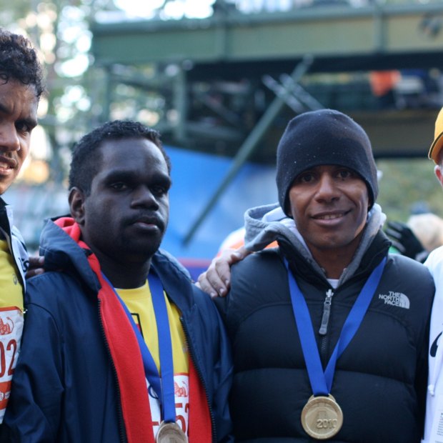 The original IMP team after finishing the New York City marathon in 2010, l-r: Joseph Davies, Caleb Hart, Juan Darwin, Charlie Maher and Rob de Castella.